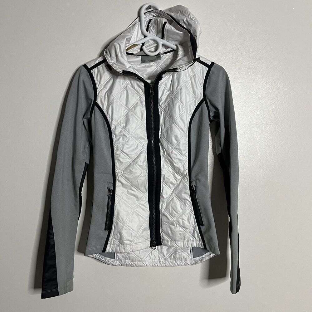 Athleta White and Gray Quilted Hooded Jacket with Black Trim
